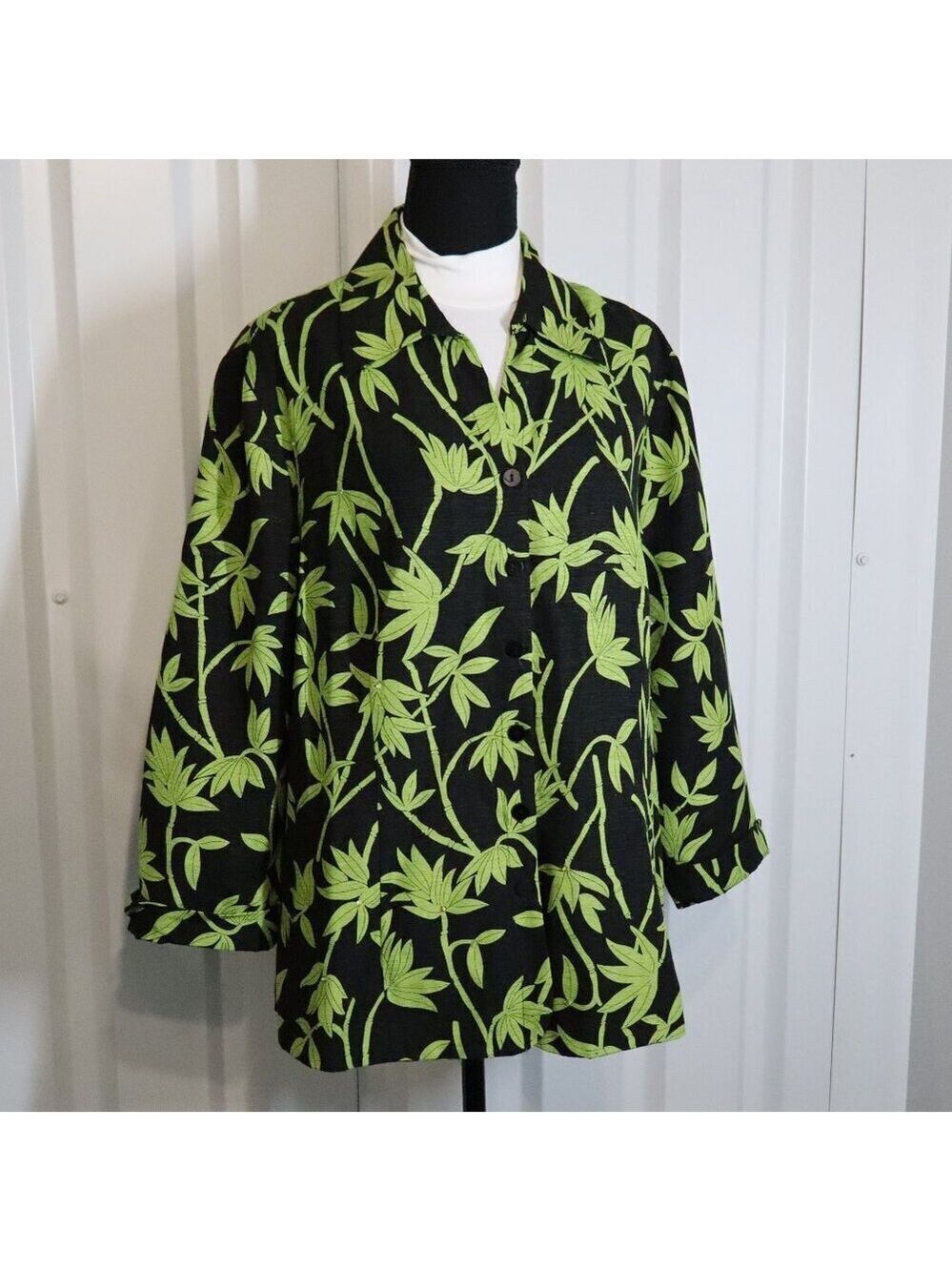 Silkland Women's Black Green 100% Silk Shirt Jacket Size 1X Button Front EUC